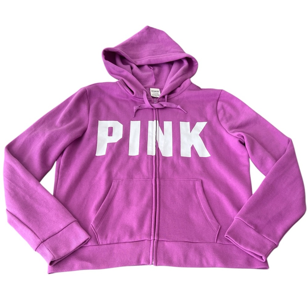 PINK Ivy Fleece Campus Full Zip Hoodie, EUC, Size-L, Color-Pink/White